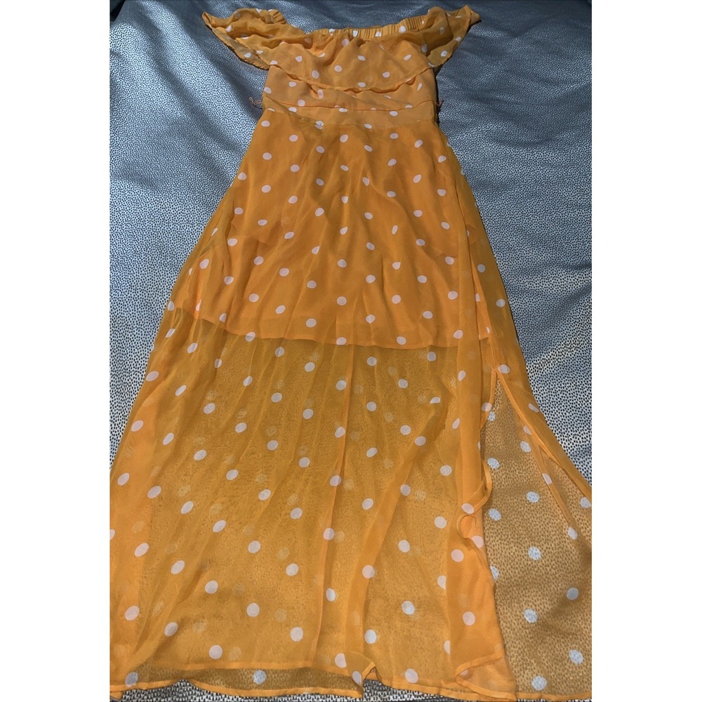 NY & Co. orange and white polka dot off-the-shoulder Small dress Sheer Maxi‎